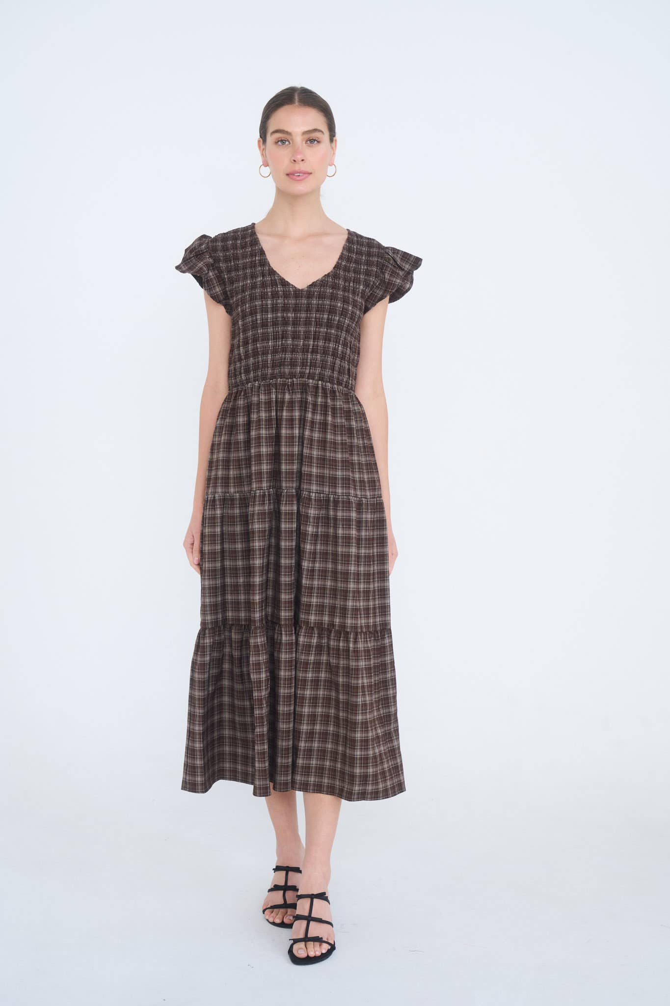 PLAID V NECK SMOCKED TIERED MIDI DRESS