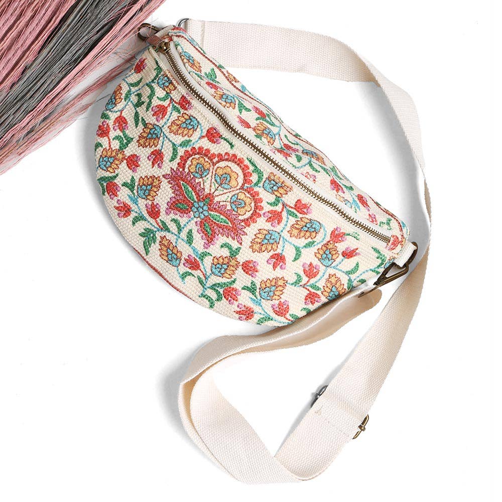 Boho Abstract Embroidered Crossbody Belt Bag / Fanny Pack: PINK GREEN