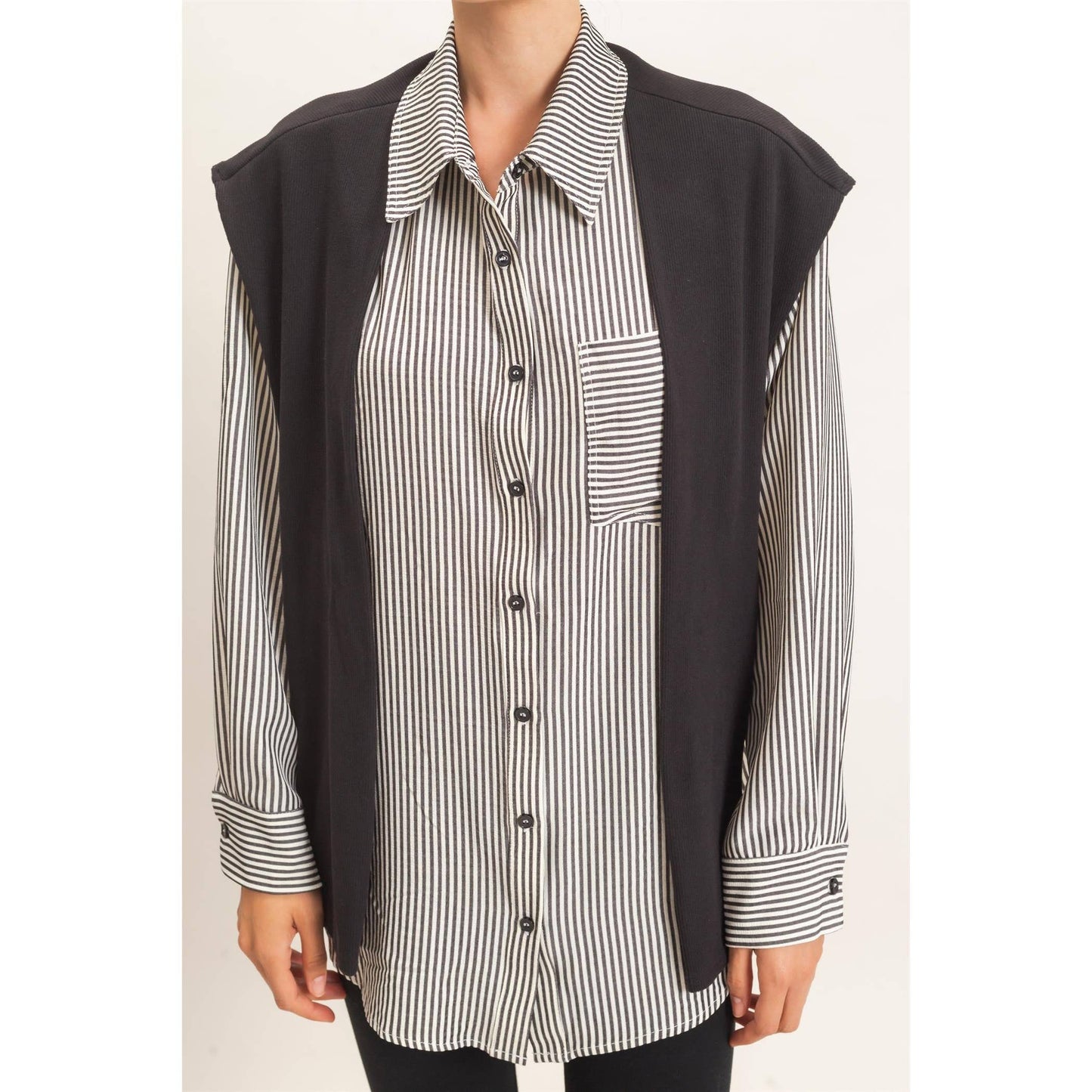 Striped Button-Up Shirt With Faux Tie