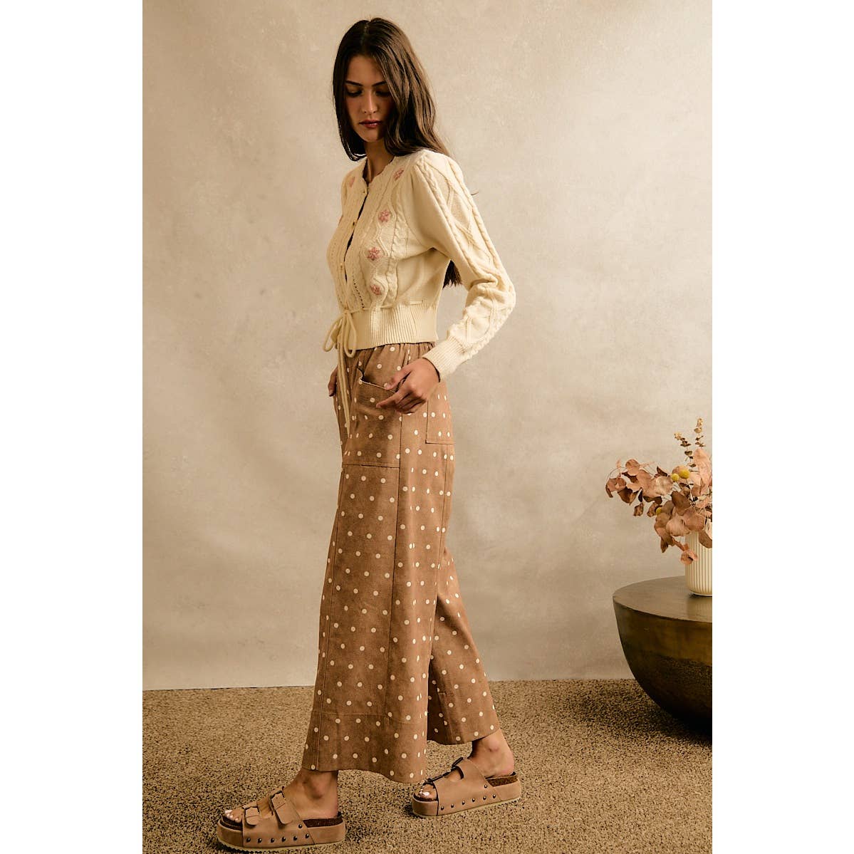 POLKA DOT ELASTICIZED WAIST WIDE PANTS