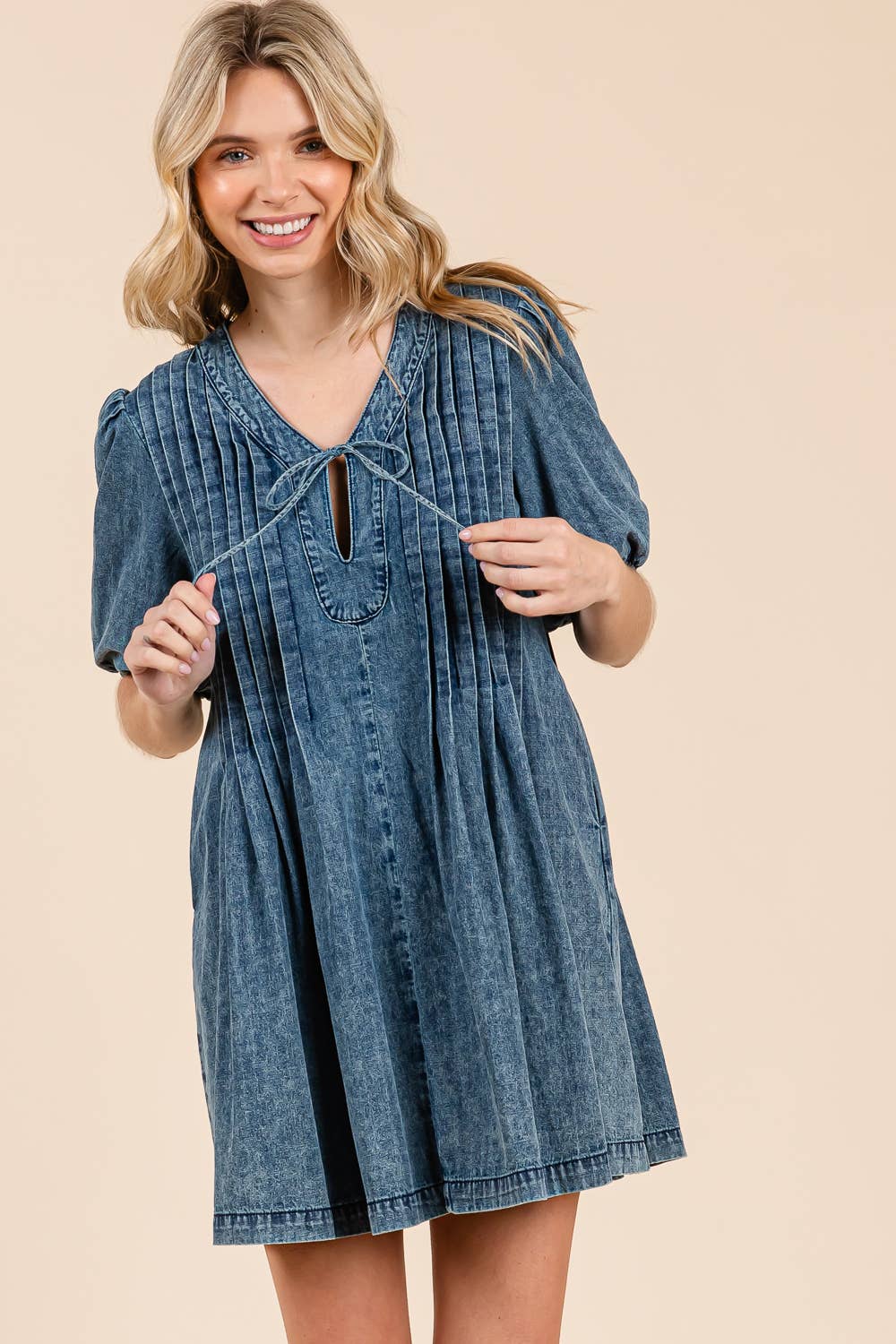 Loose-Fit Denim Pleated Mini Dress,
