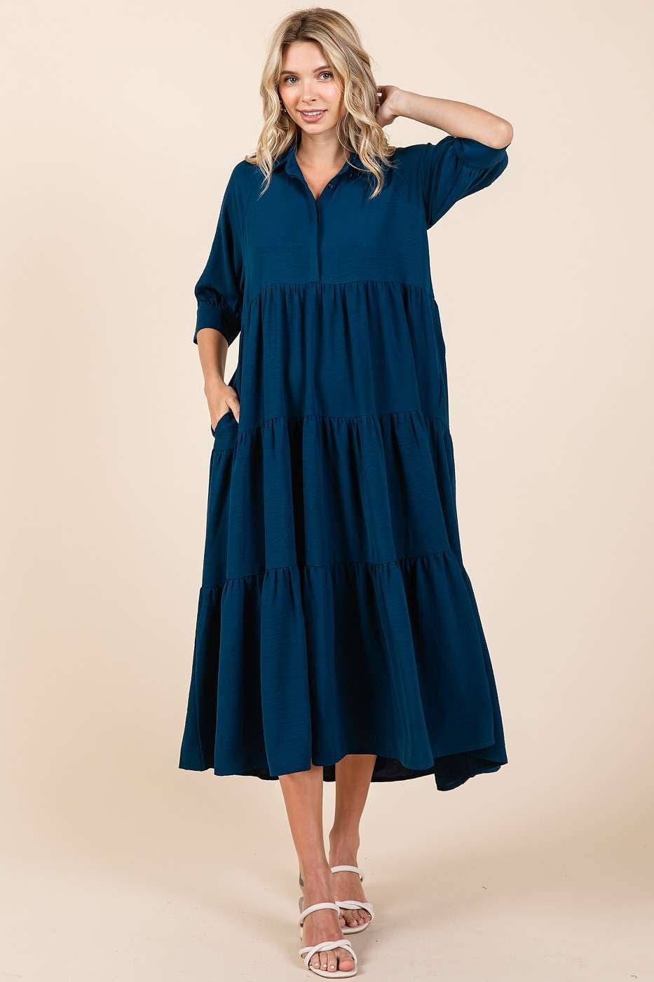 mittoshop - AIRFLOW COLLAR BUTTON FRONT TIERED MAXI DRESS