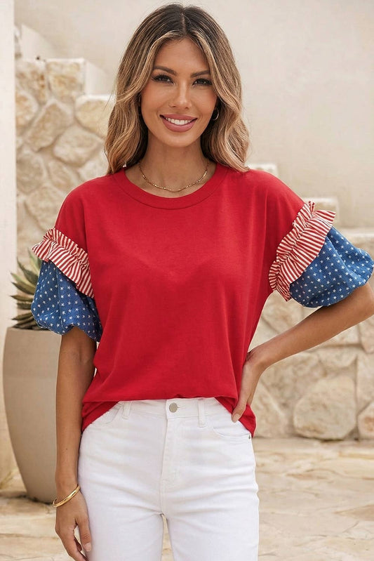 Stars Stripes Round Neck Short Puff Sleeve