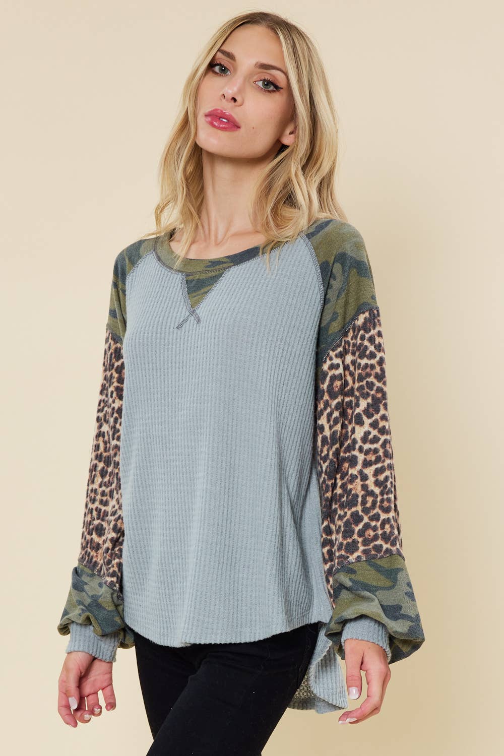 SOLID WAFFLE TOP FEATURING CAMO AND ANIMAL PRINT
