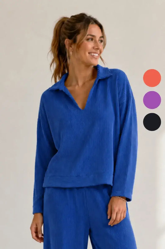 Ribbed Johnny Collar Drop Shoulder Top