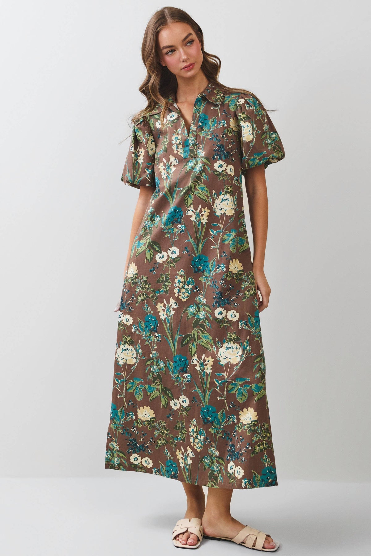 Floral Puff Sleeve Collared Midi Dress