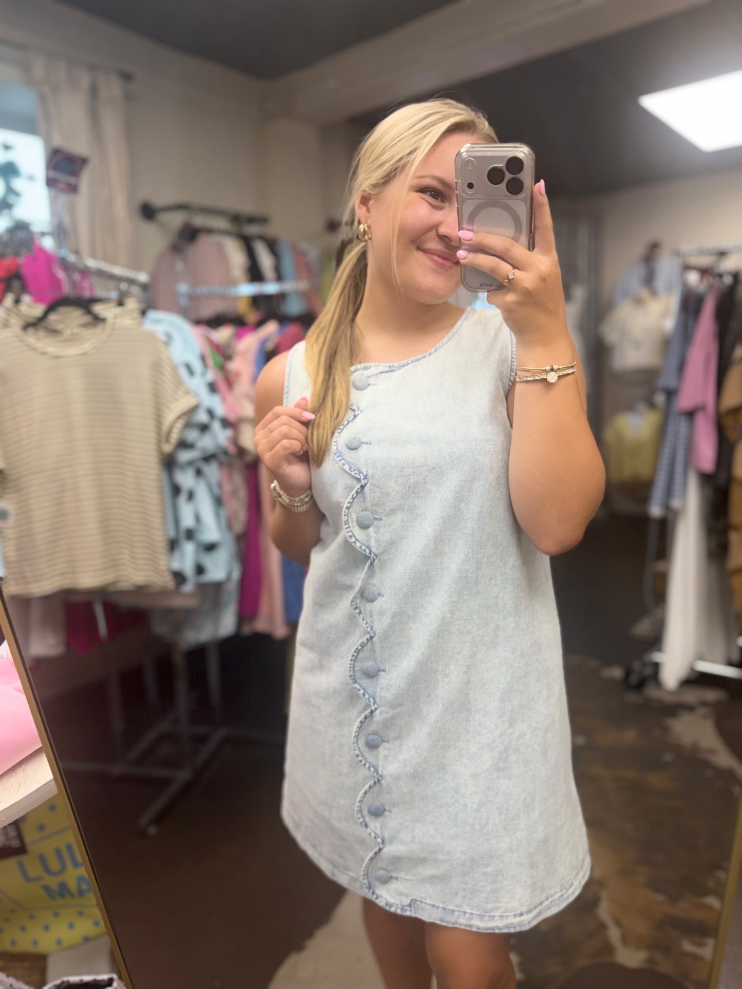 -Scallop Button Washed Denim Mini Dress