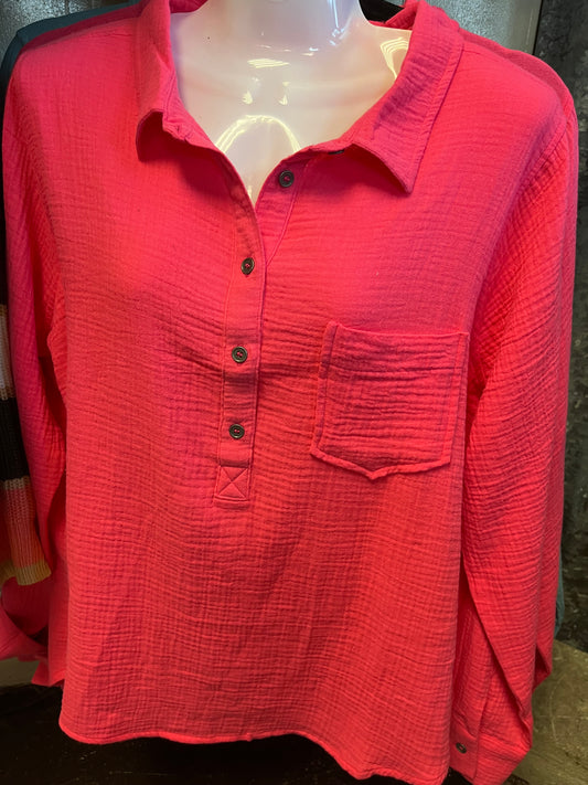 Hot pink gauze button down top