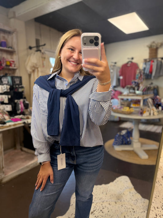 Striped Button-Up Shirt With Faux Tie