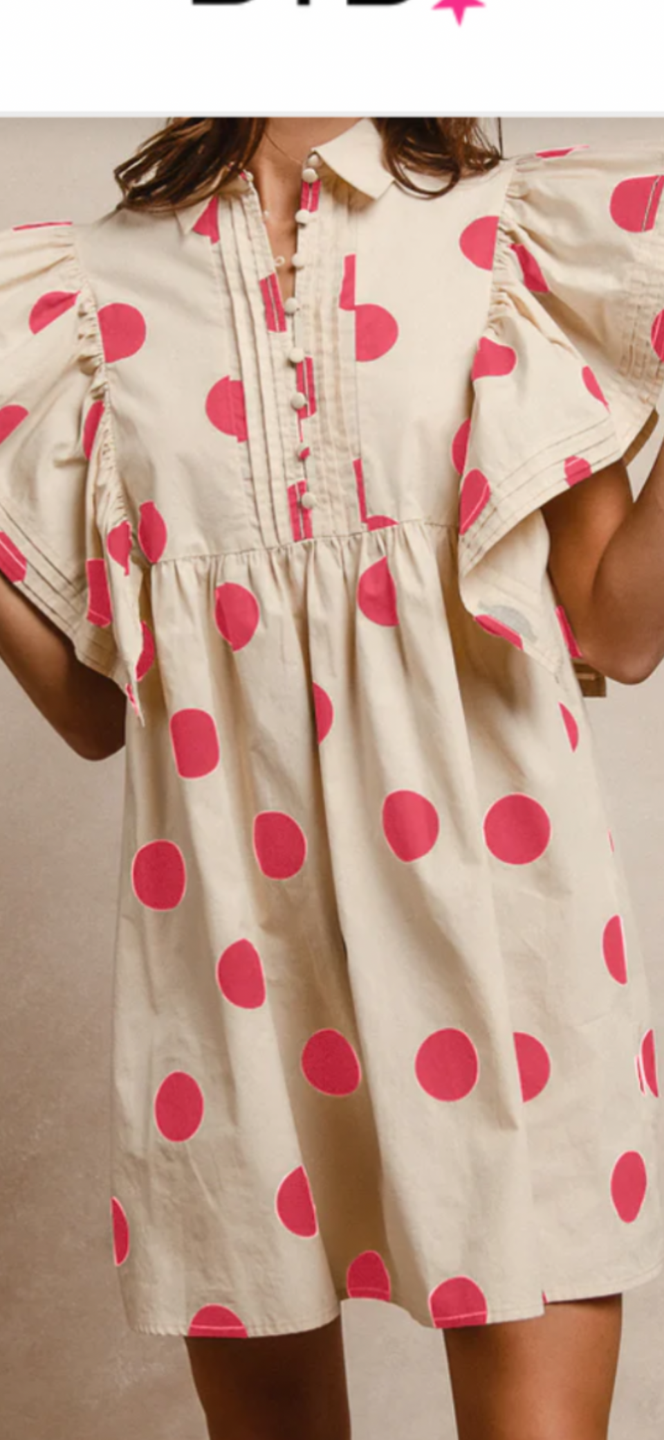 Pink polka dot ruffle sleeve button down dress