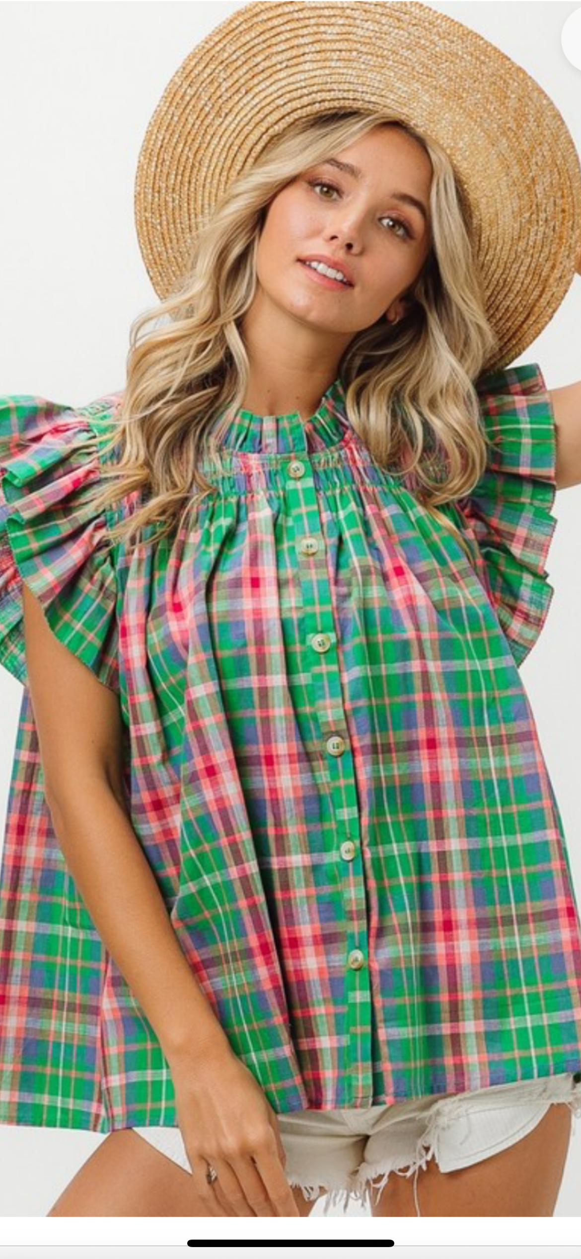 Multi  plaid flutter sleeve top