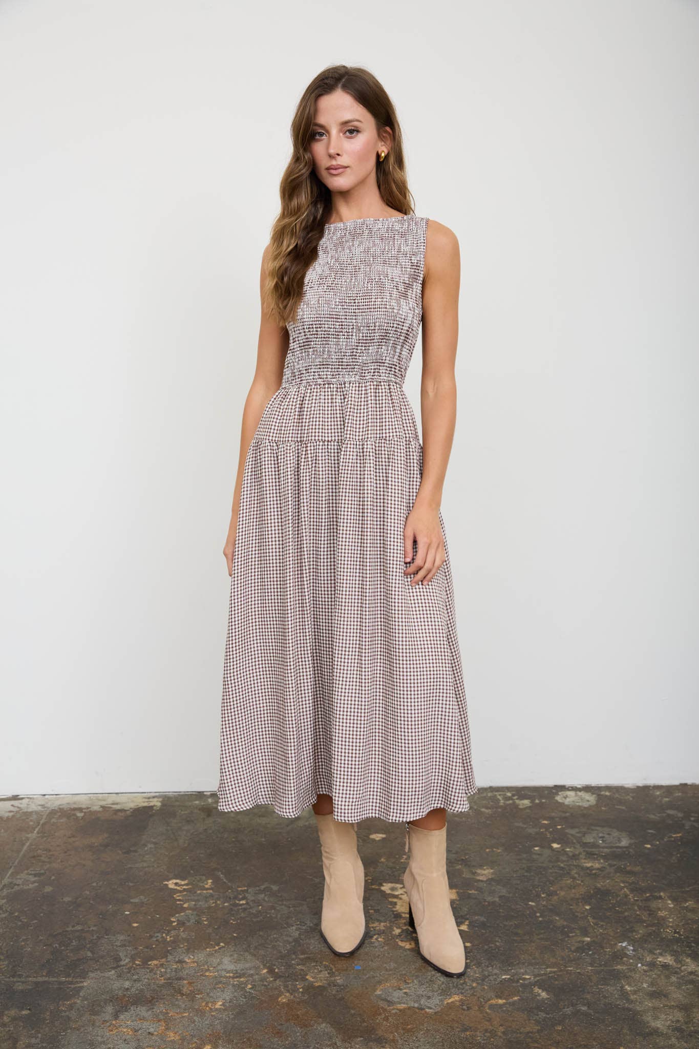 SMOCKED GINGHAM TIERED SLEEVELESS MIDI DRESS