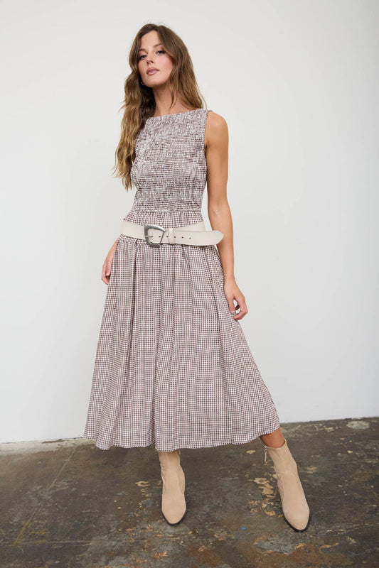 SMOCKED GINGHAM TIERED SLEEVELESS MIDI DRESS