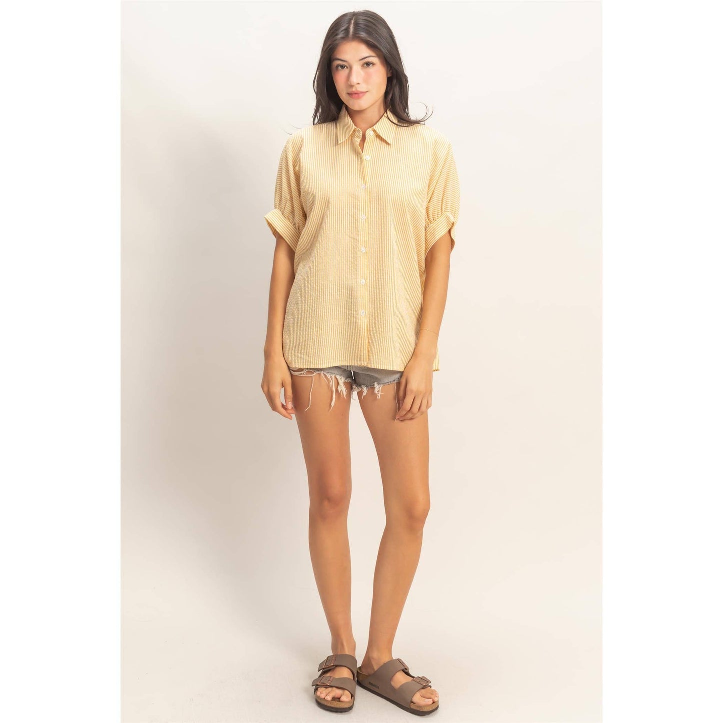 Striped Short Sleeve Button-Front Blouse