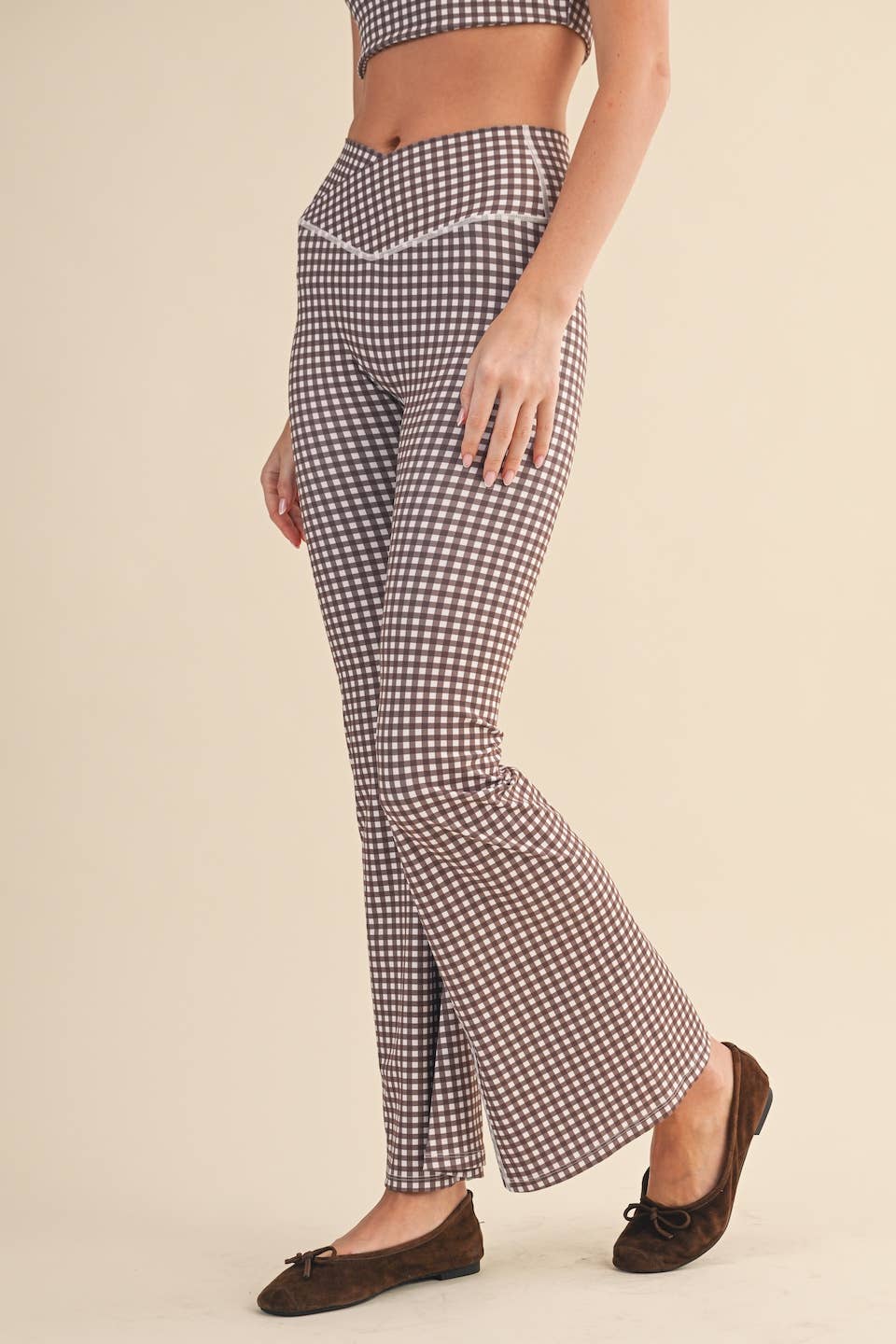 KIMBERLY C - Gingham Print High Waist Crossover Flare Legging