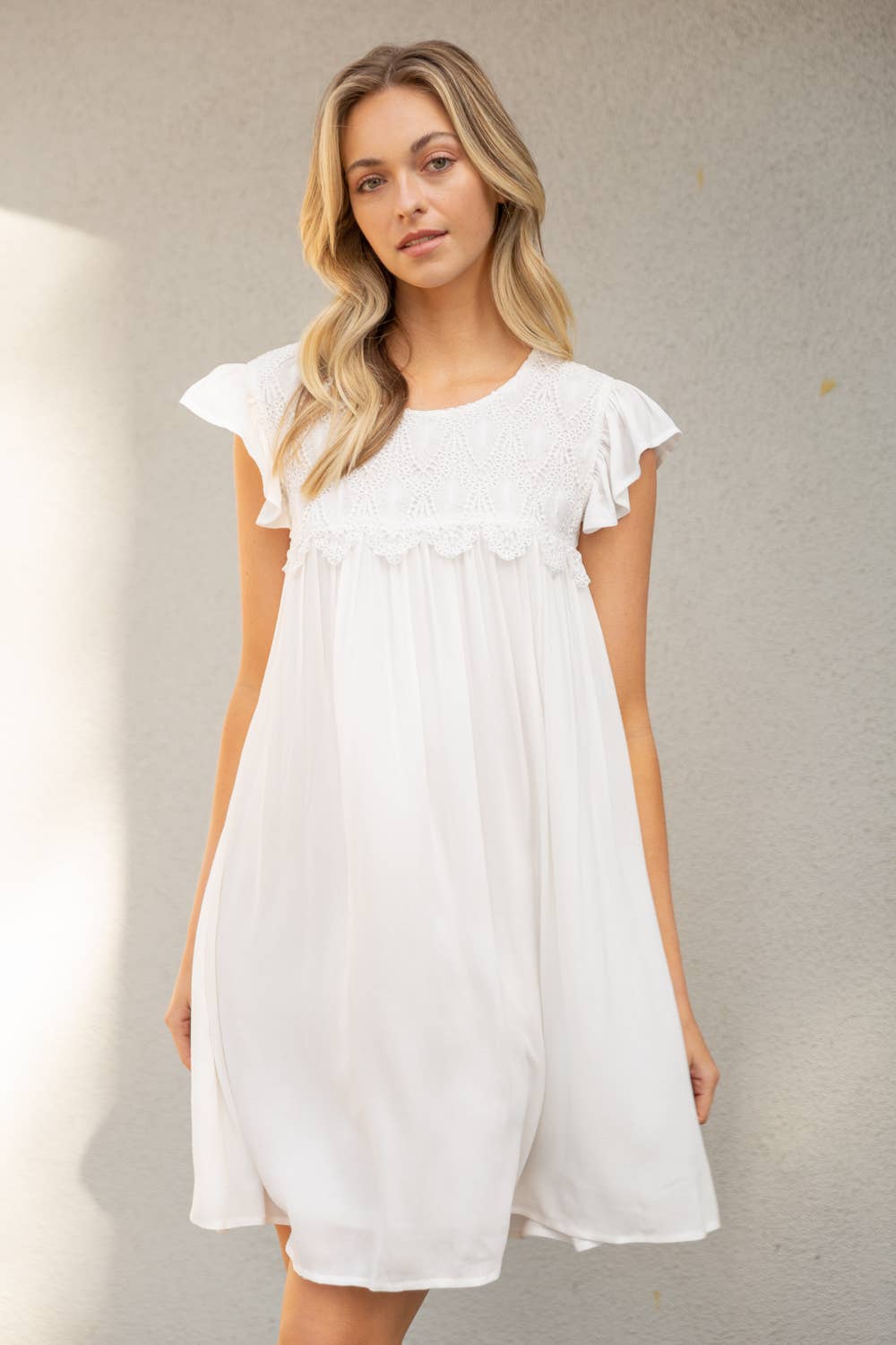 Coming soon!Scallop Laced Yoke Ruffle Sleeve Dress