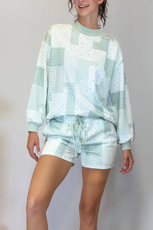 Prissy Patchwork Mock Neck Short Set