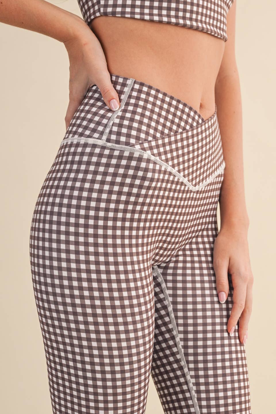 KIMBERLY C - Gingham Print High Waist Crossover Flare Legging