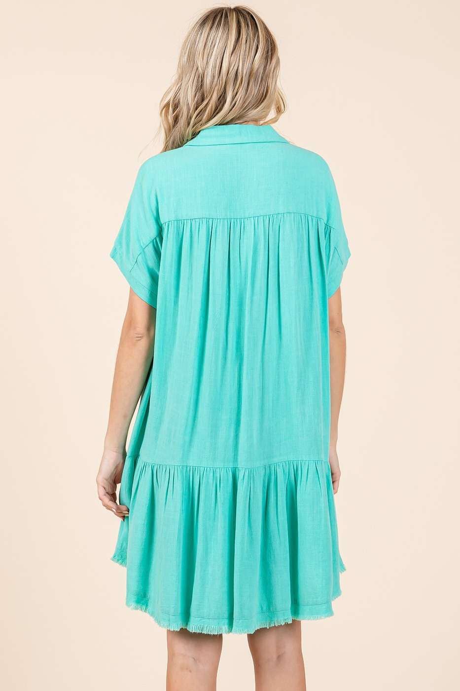 LINEN BLEND COLLARED BUTTON DOWN SHIRT MINI DRESS