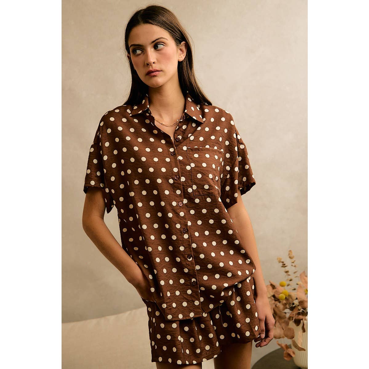 POLKA DOT LINEN SHORT SLEEVE SHIRT