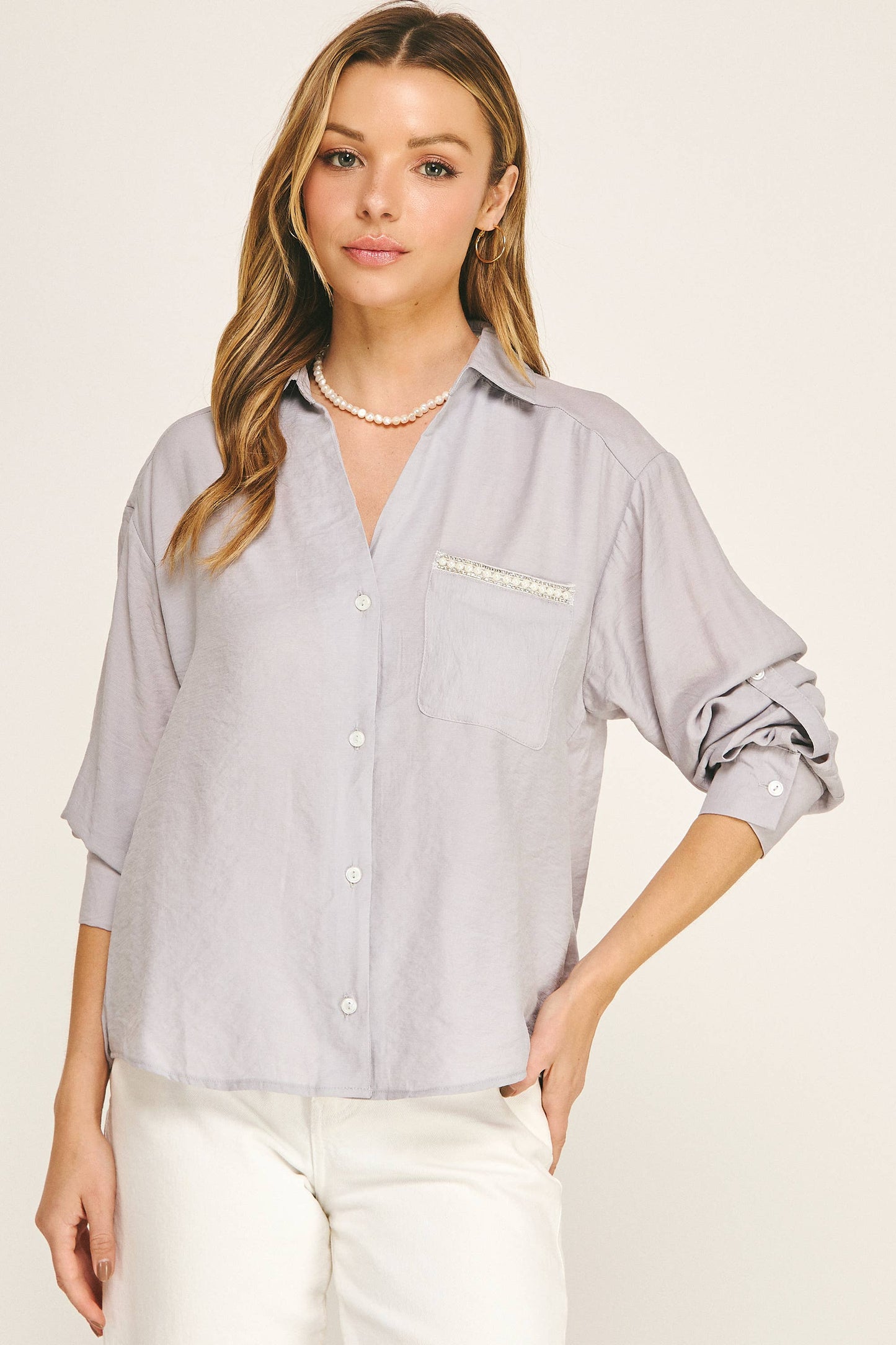 PEARL POCKET RELAXED BUTTON DOWN BLOUSE