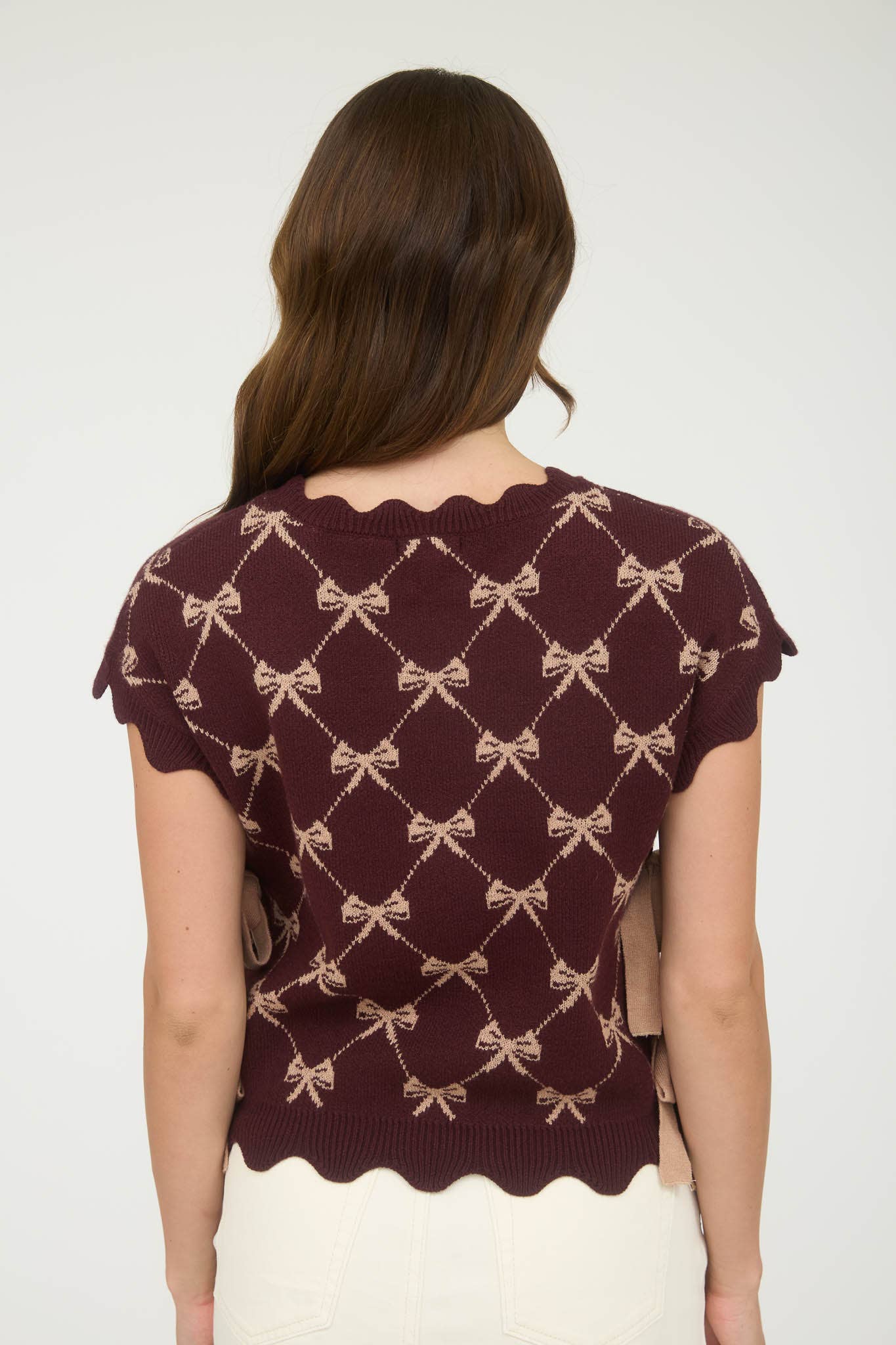 BOW PATTERN SHORT SLEEVE SIDE TIE KNIT PULLOVER: Burgundy