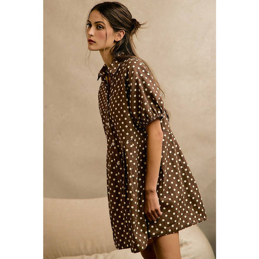 POLKA DOT TWILL PUFF-SLEEVE MINI DRESS