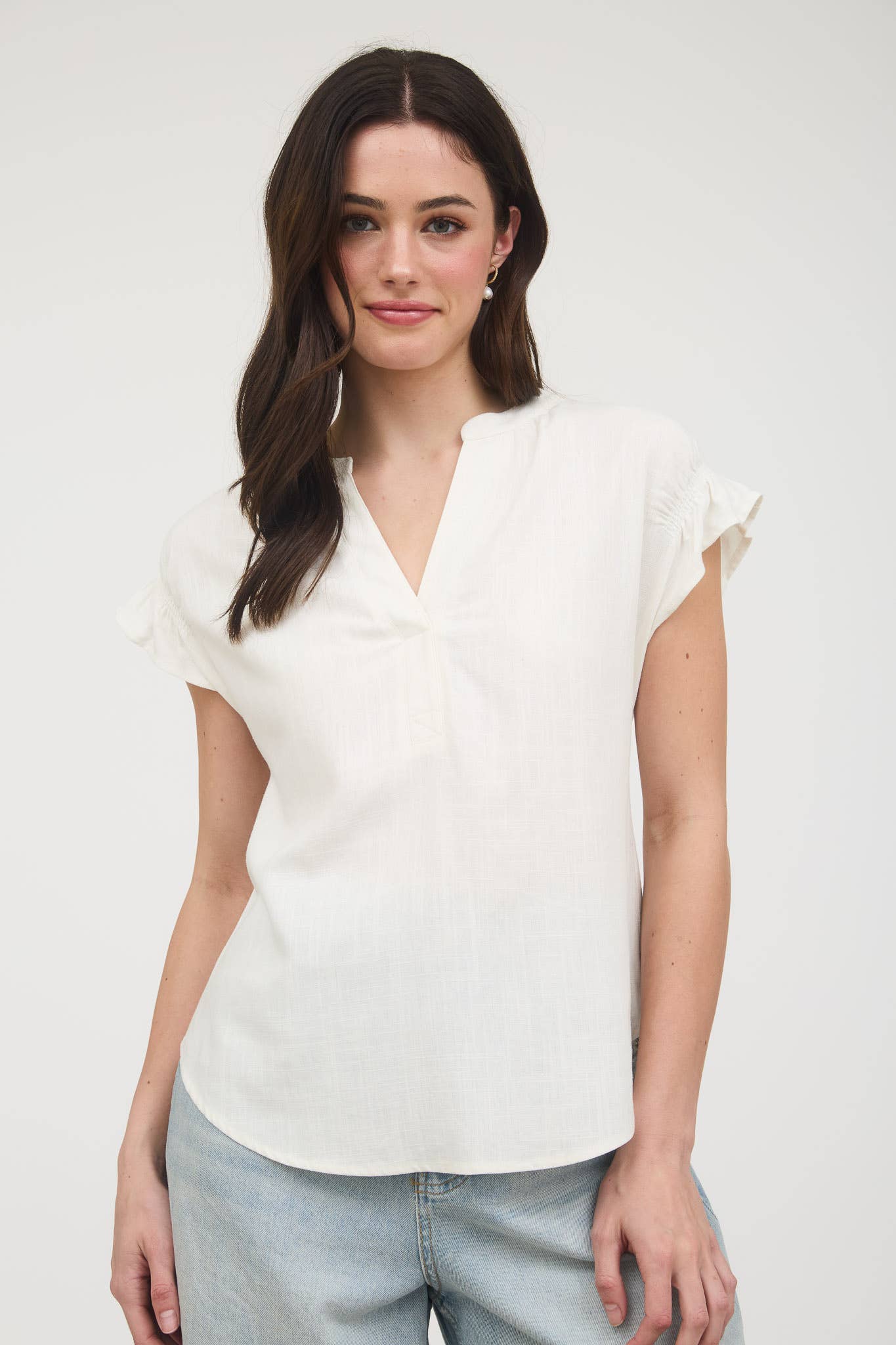 Blu Pepper - SPLIT NECK RUCHED SLEEVE & BACK LINEN BLOUSE