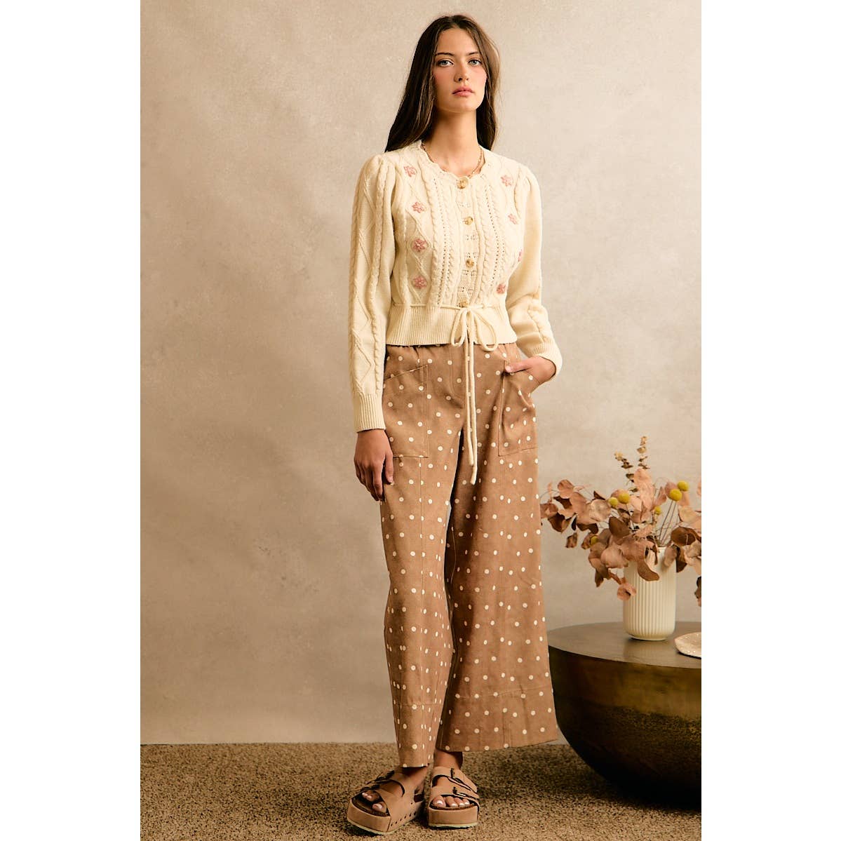 POLKA DOT ELASTICIZED WAIST WIDE PANTS