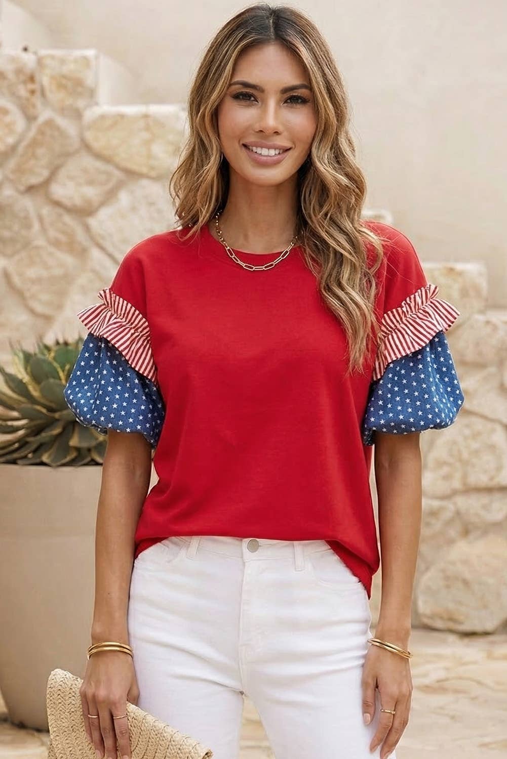 Stars Stripes Round Neck Short Puff Sleeve