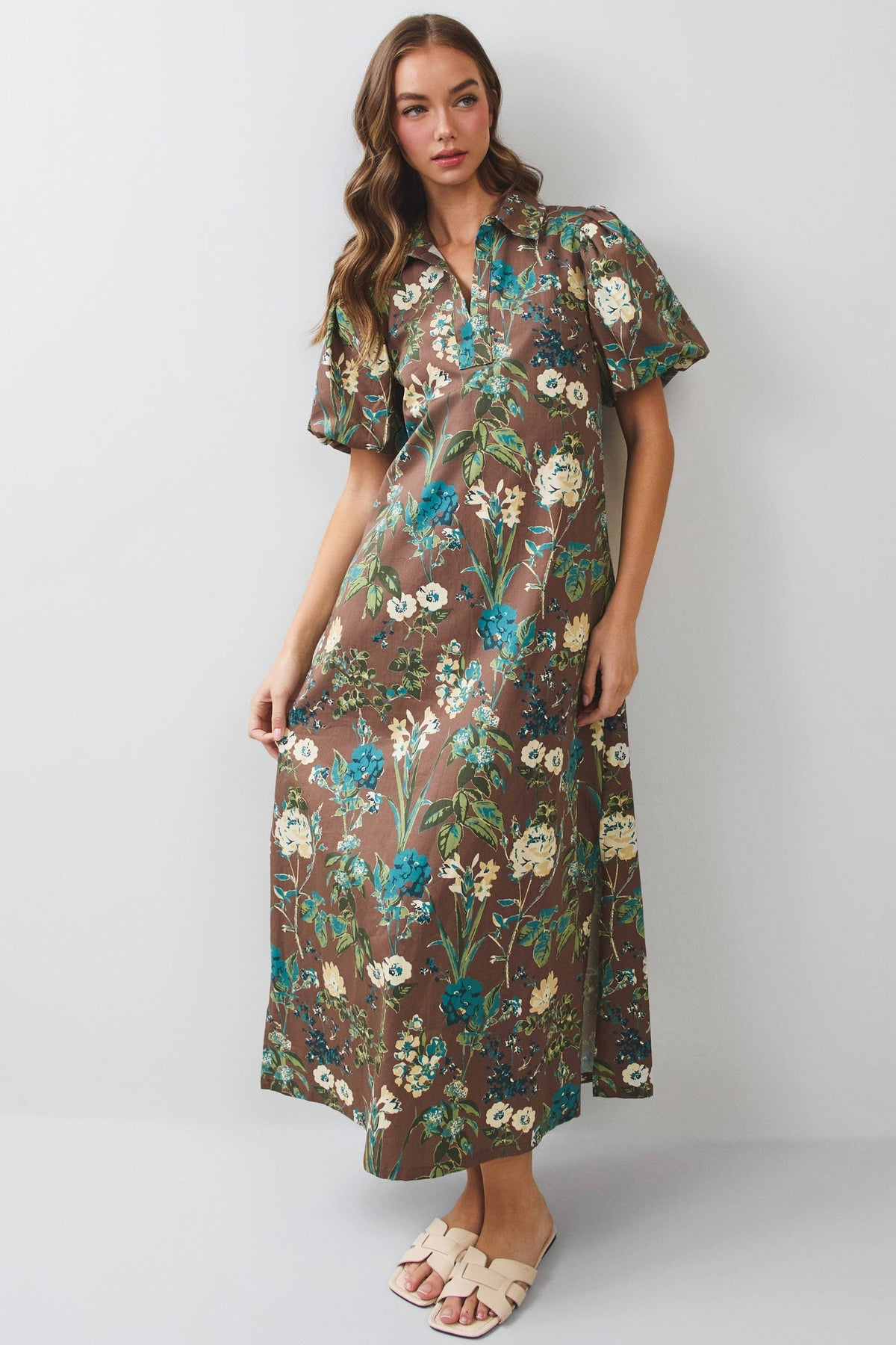 Floral Puff Sleeve Collared Midi Dress
