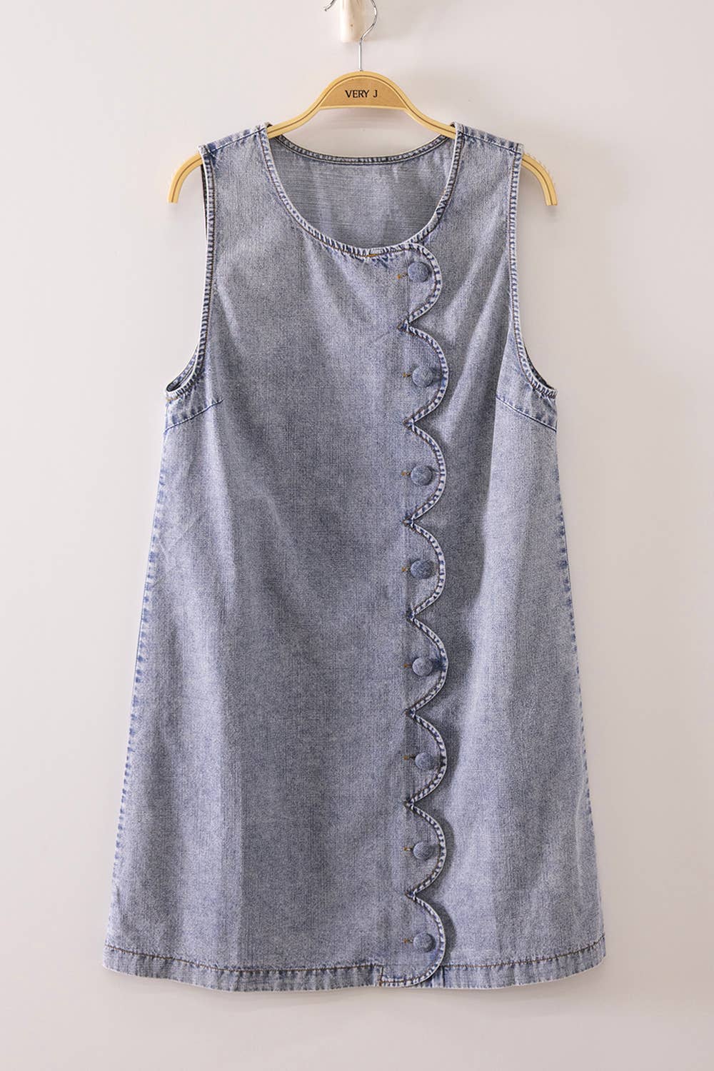 -Scallop Button Washed Denim Mini Dress
