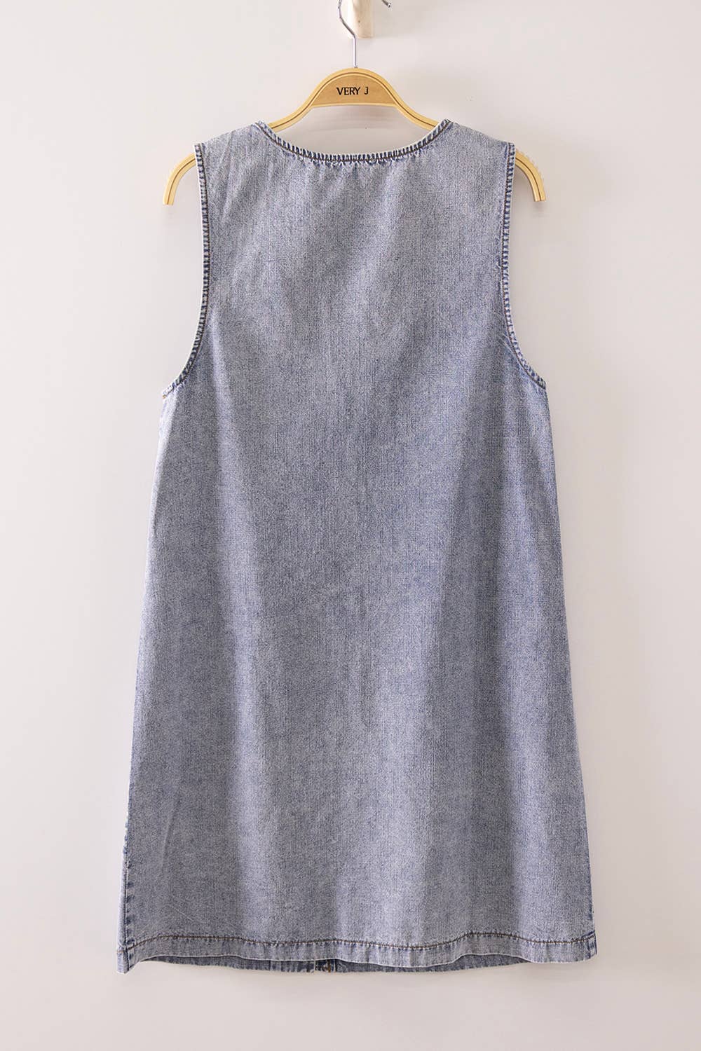 -Scallop Button Washed Denim Mini Dress