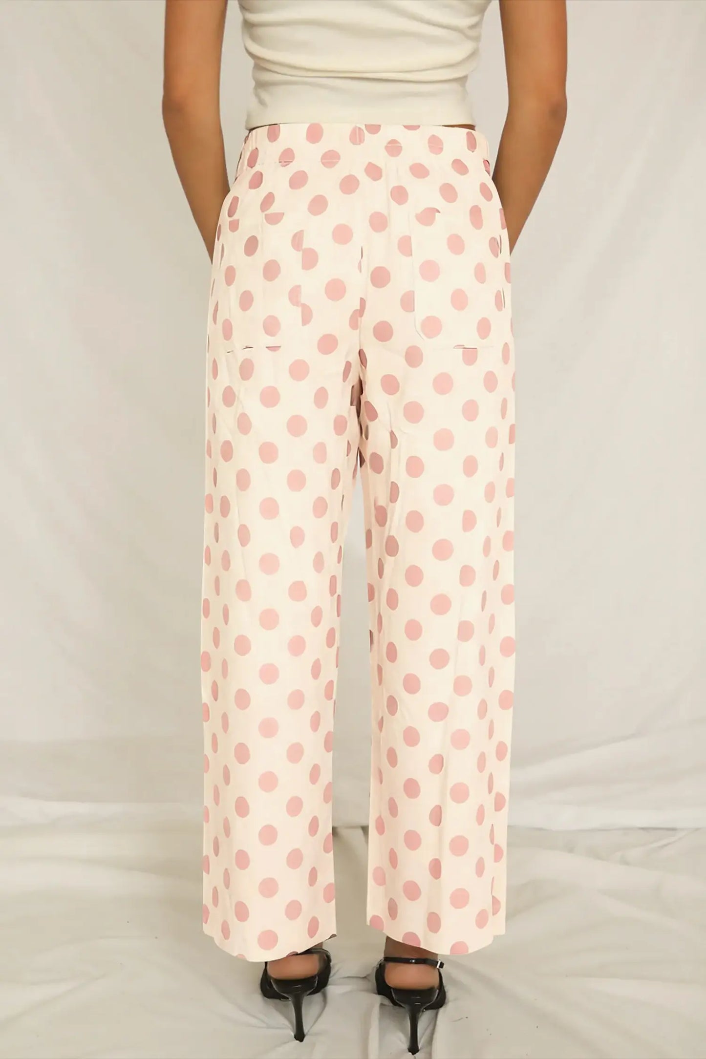 Polka Dot Print Patched Pocket Mid-rise Straight Leg Pants