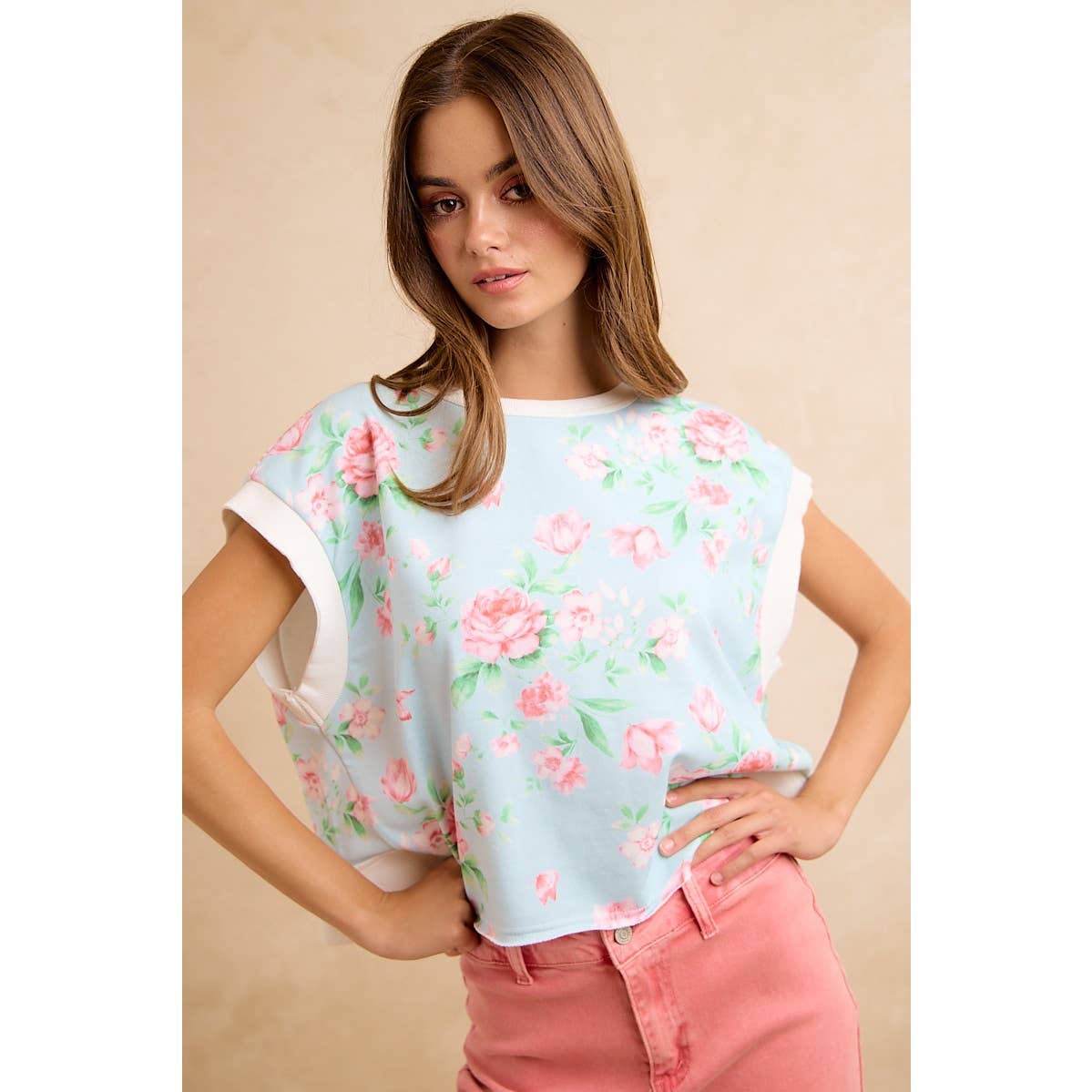 Floral PRINTED TERRY OPEN BACK SLEEVELESS TOP