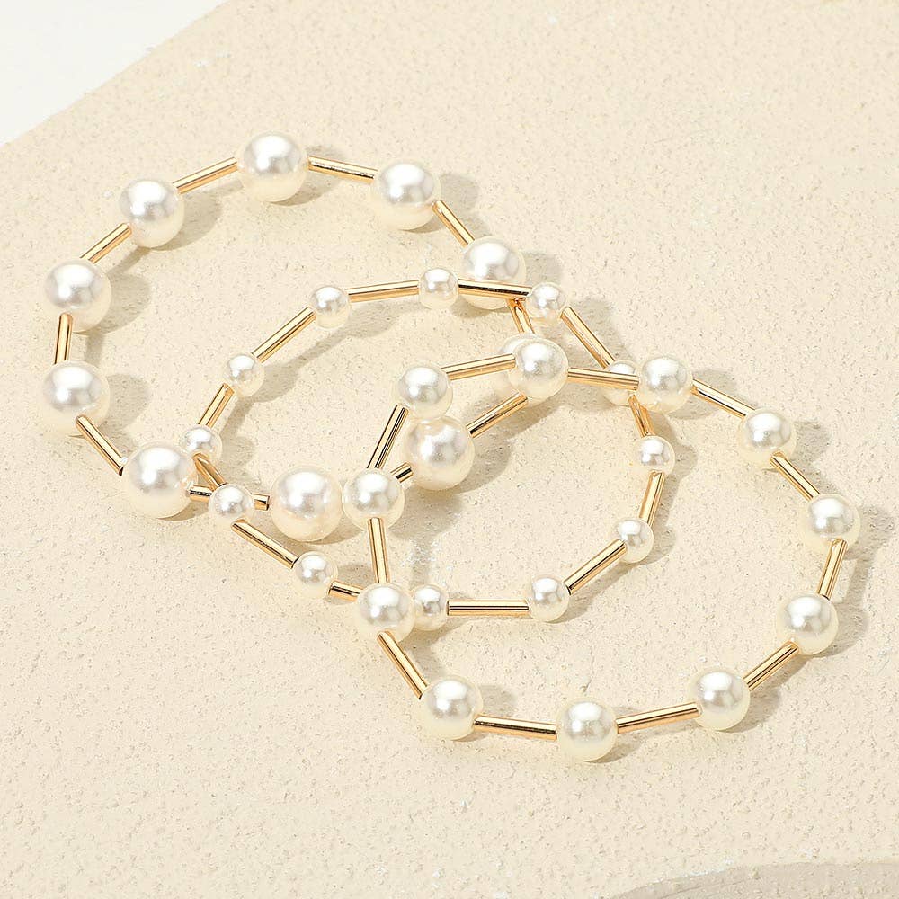 3PCS - Pearl Metal Bar Beaded Stretch Multi Layered Bracelets