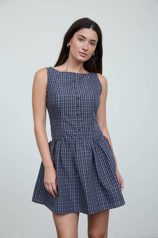 PLAID BUTTON FRONT BOAT NECK SLEEVELESS MINI DRESS