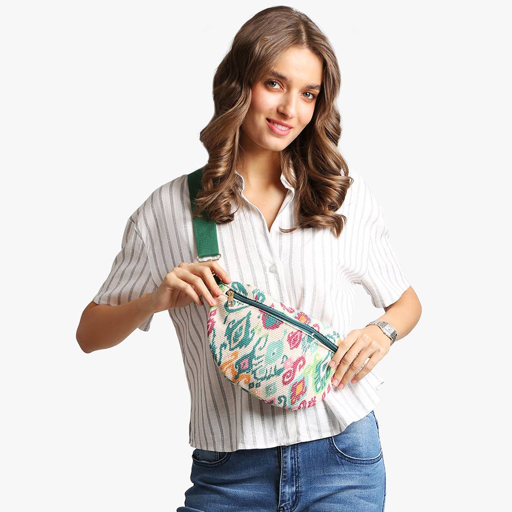 Boho Abstract Embroidered Crossbody Belt Bag / Fanny Pack: PINK GREEN