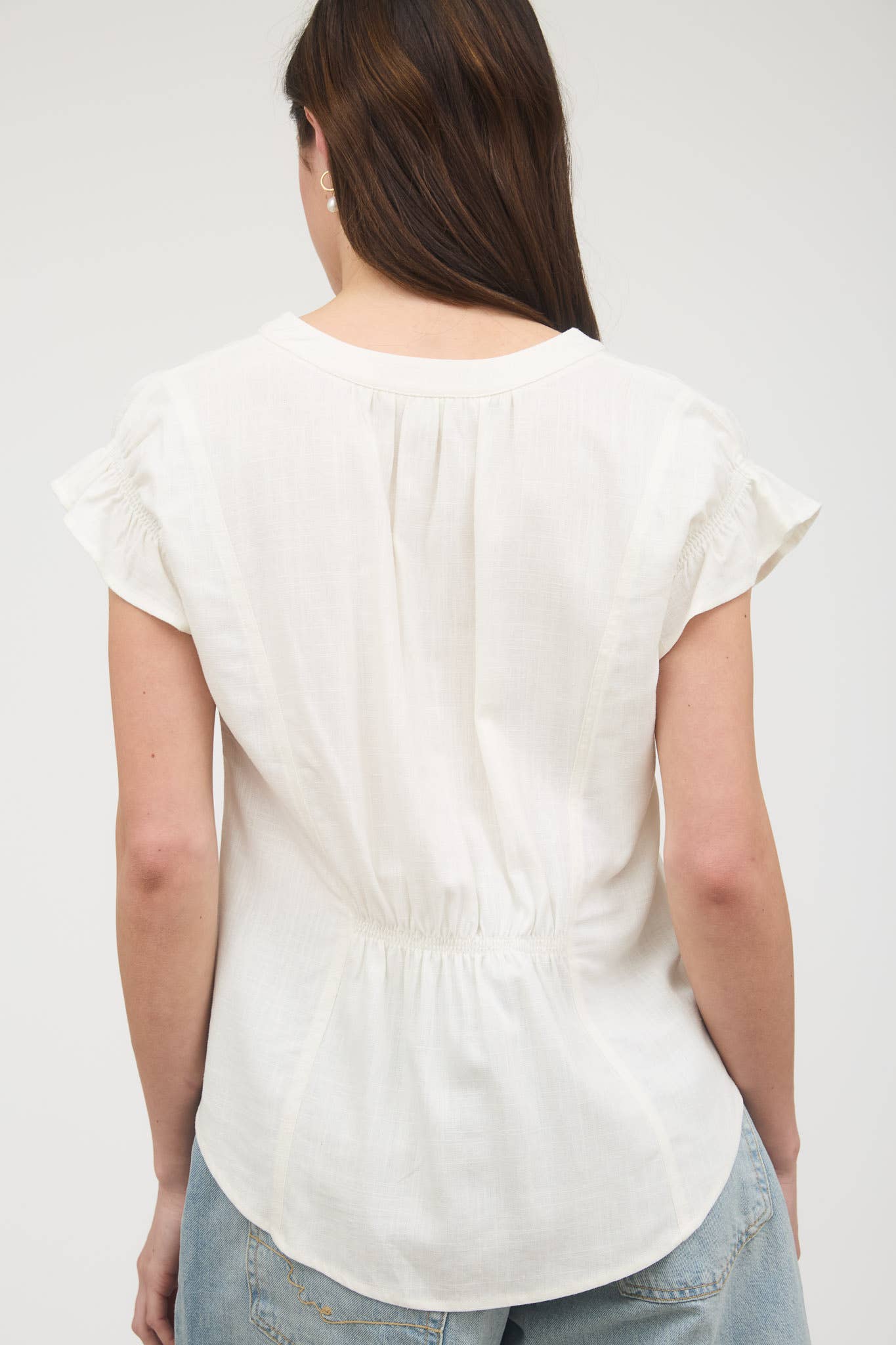 Blu Pepper - SPLIT NECK RUCHED SLEEVE & BACK LINEN BLOUSE