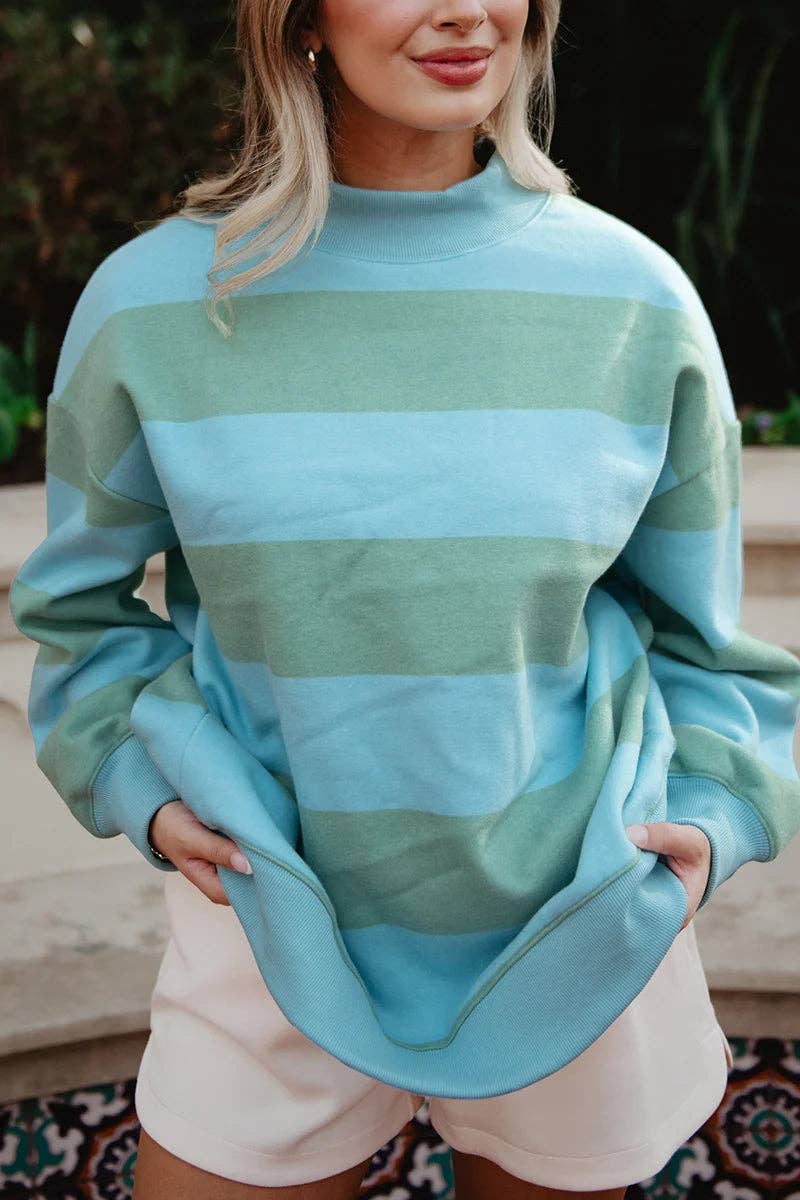 Katydid - Aqua and Green Striped Mockneck Sweatshirt Women