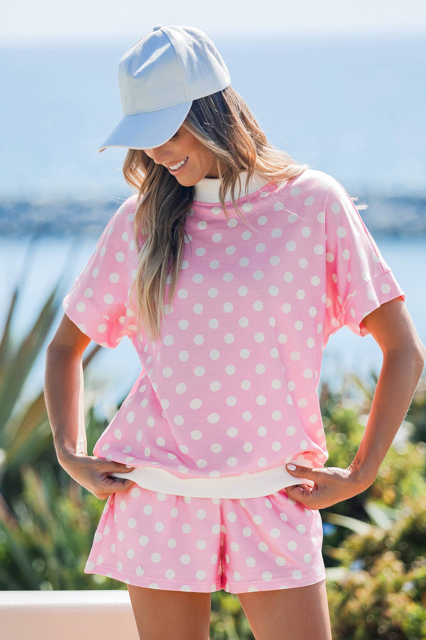 Polka Dot Print Color Block Trim Mock Neck Short Set
