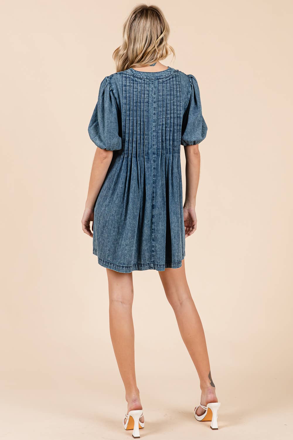 Loose-Fit Denim Pleated Mini Dress,
