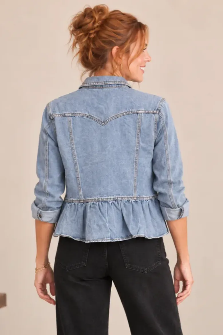 PEPLUM HEM BUTTON FRONT DENIM JACKET