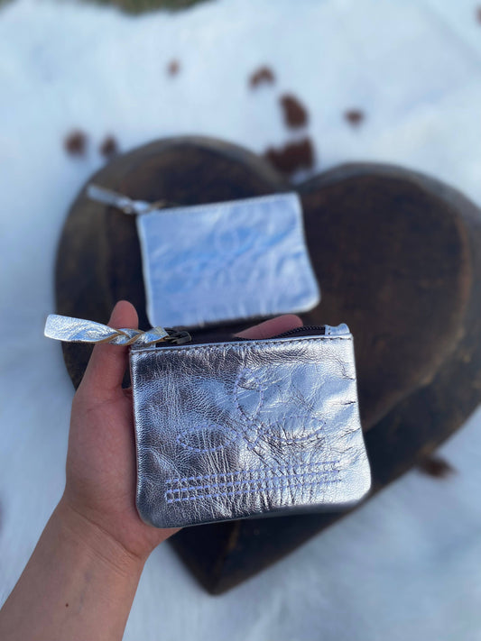 Silver Foil Leather BootStitch Coin Pouch   