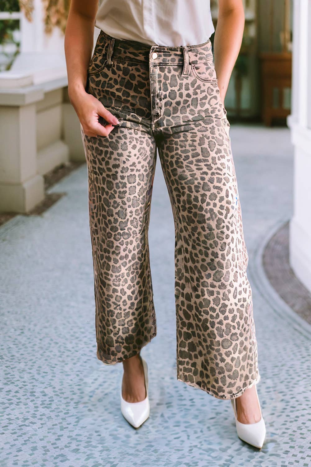 Denim Leopard Frayed Edge Wide Leg High Waist Jeansu