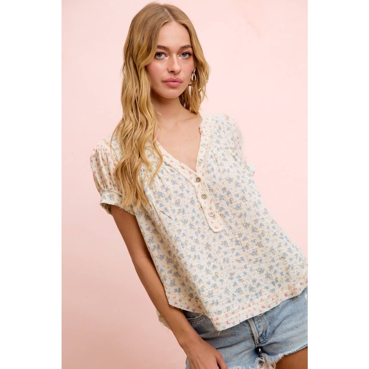 BiBi FLORAL CRINKLE NECKDROP SHORT SLEEVE BLOUSE TOP