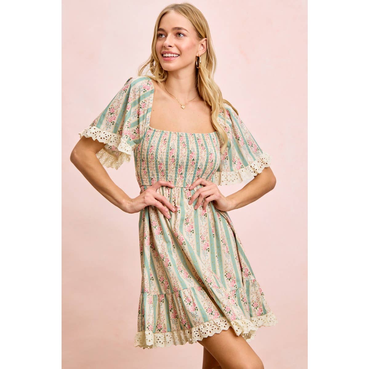 STRIPED FLORAL PRINT SMOCKED DRESS WITH TRIM