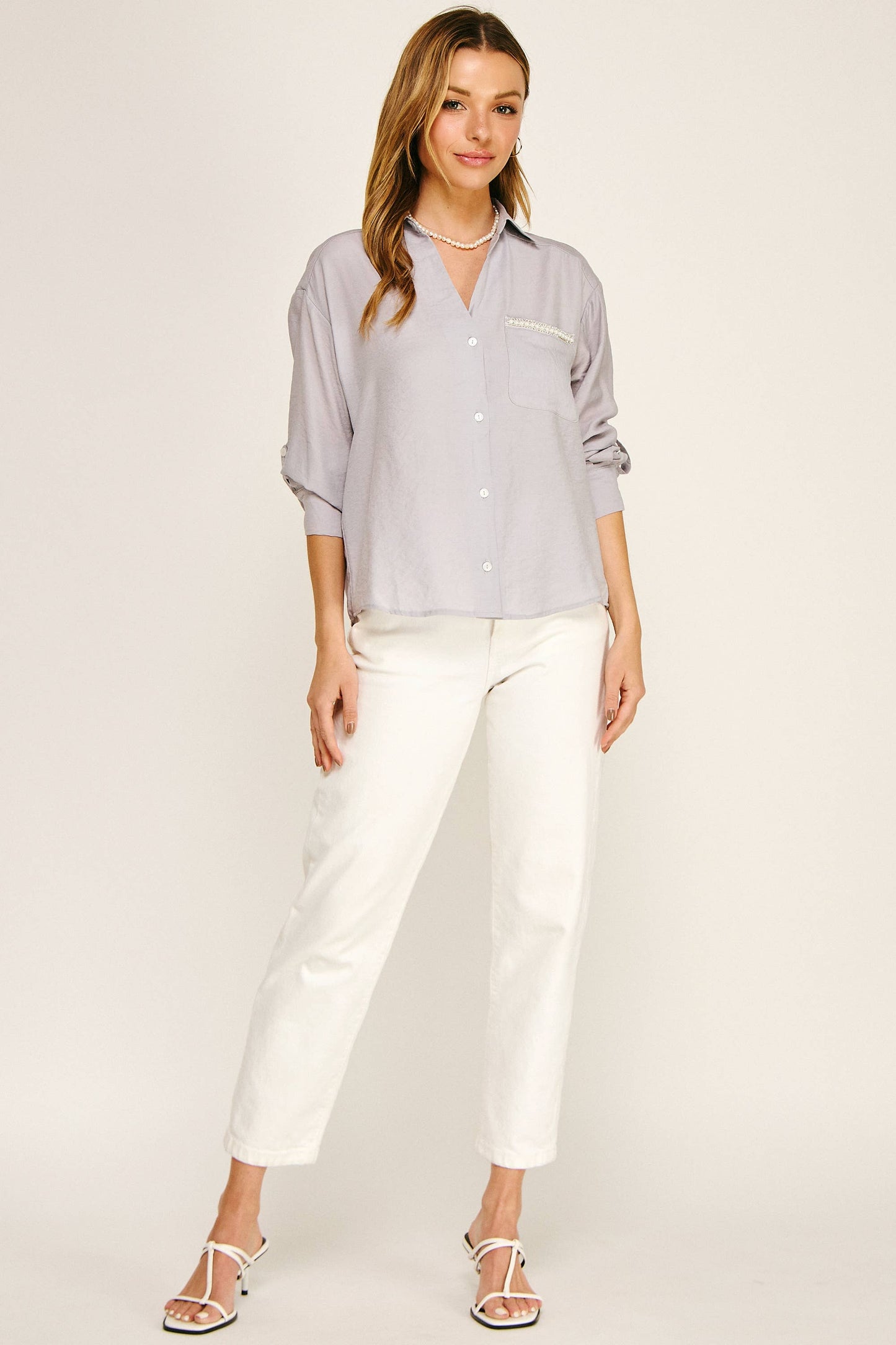 PEARL POCKET RELAXED BUTTON DOWN BLOUSE
