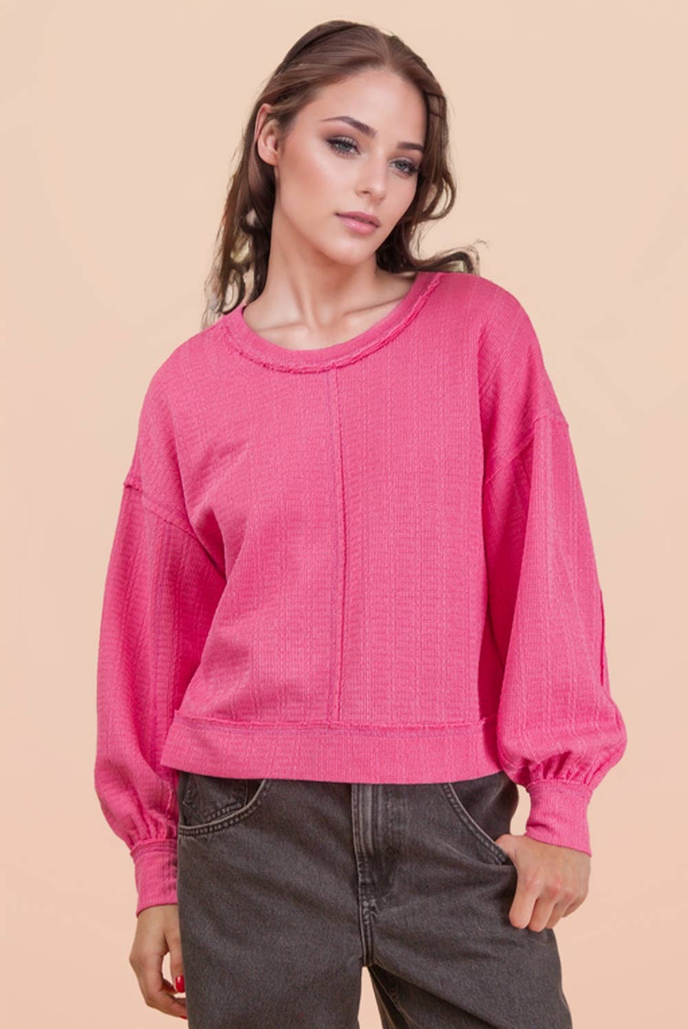 Available soon!Raw Edge Detail Oversized Textured Knit Top