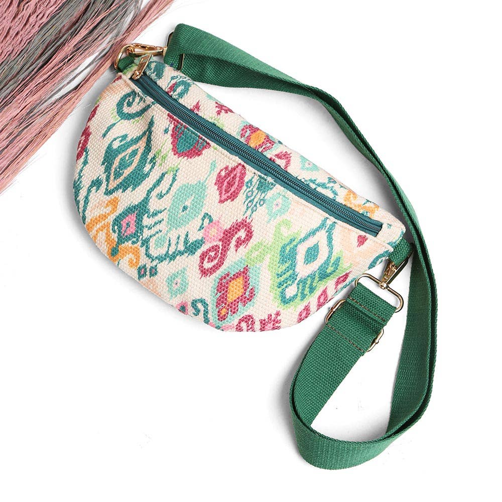 Boho Abstract Embroidered Crossbody Belt Bag / Fanny Pack: PINK GREEN
